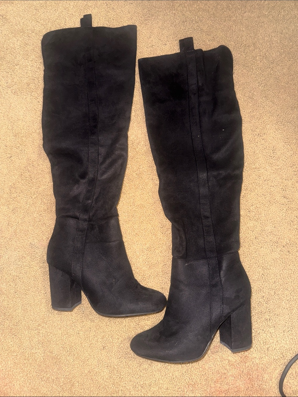 Women's Black Suede Knee-High Block Heel Boots